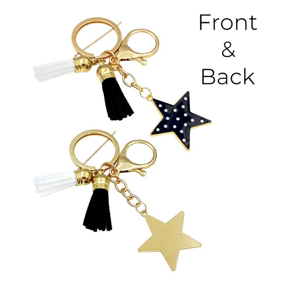 Evenchae Star & Tassels Keychain, Black & White, Purse Jewelry, Gift Bag, 4"L - Picture 4 of 4